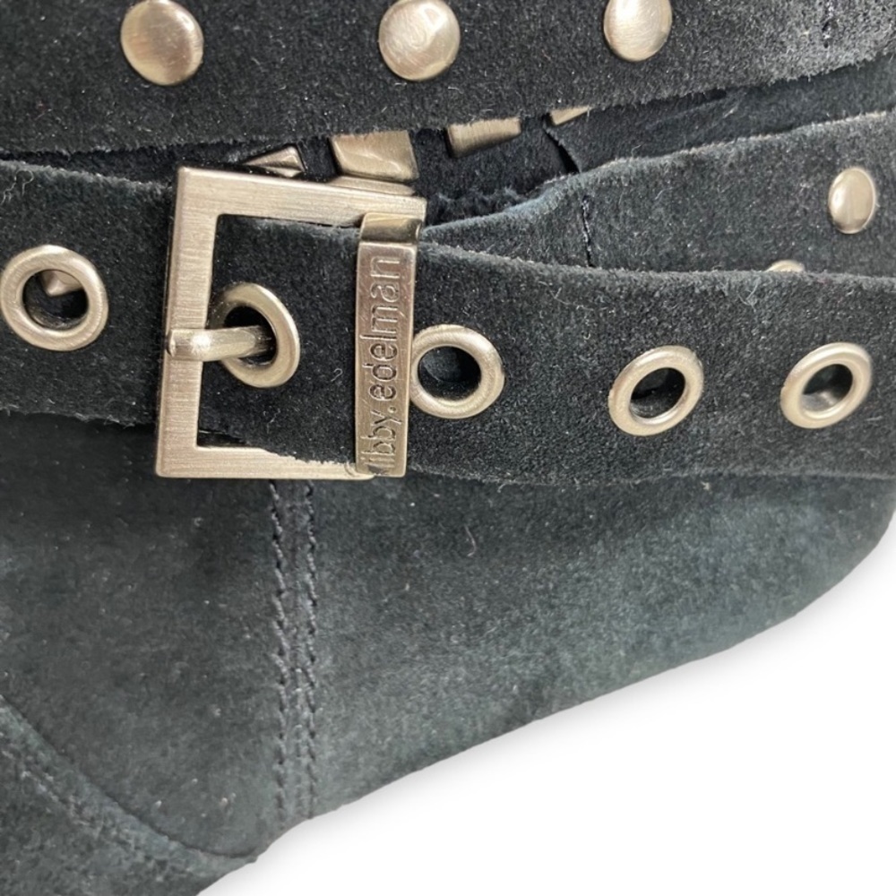 libby Edelman - Black Suede STudded Wrap Buckle Heeled Boot - Size 9.5 China - Picture 7 of 13